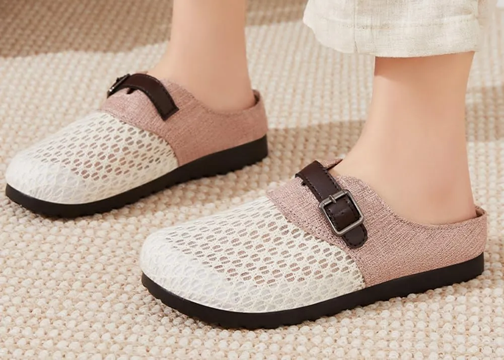 Womens Breathable Mesh Walking Mules 2025 Flat Mules Round Toe Buckle Strap Open Back Slip On Shoes Arch Support