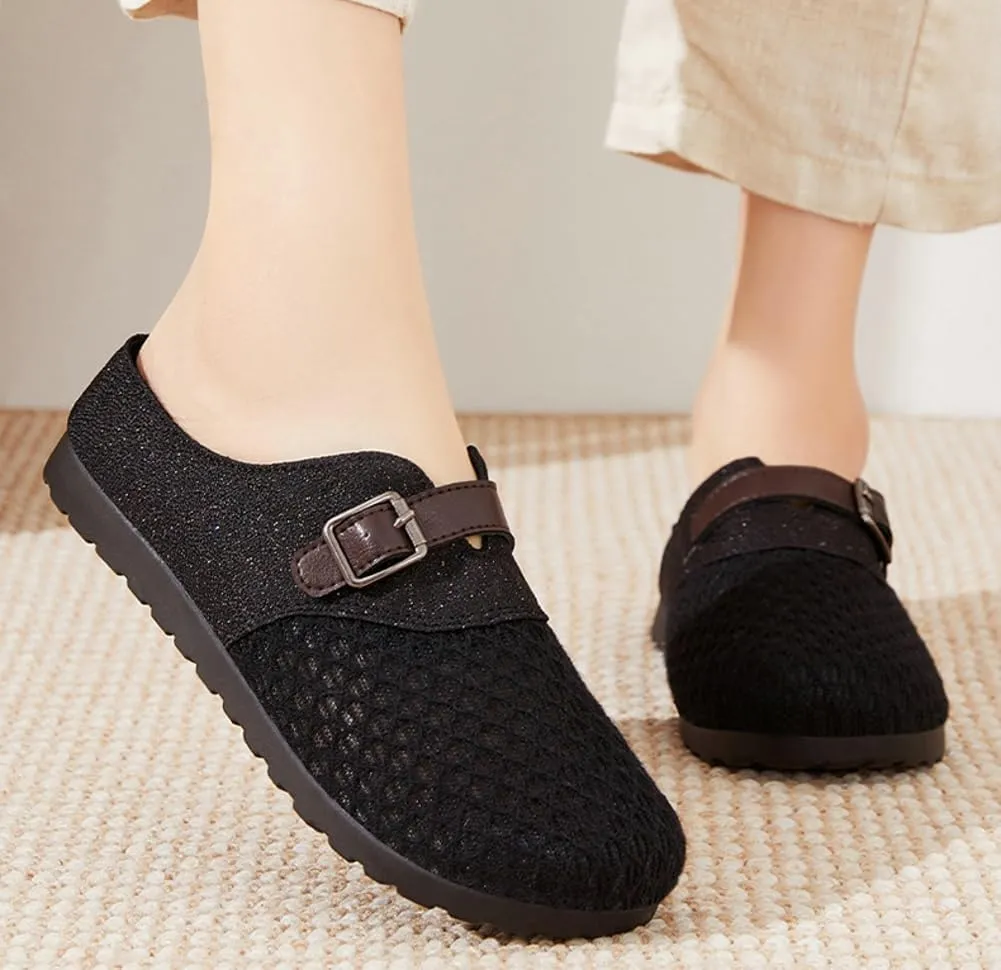 Womens Breathable Mesh Walking Mules 2025 Flat Mules Round Toe Buckle Strap Open Back Slip On Shoes Arch Support