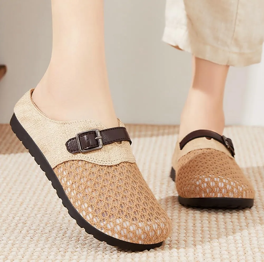 Womens Breathable Mesh Walking Mules 2025 Flat Mules Round Toe Buckle Strap Open Back Slip On Shoes Arch Support