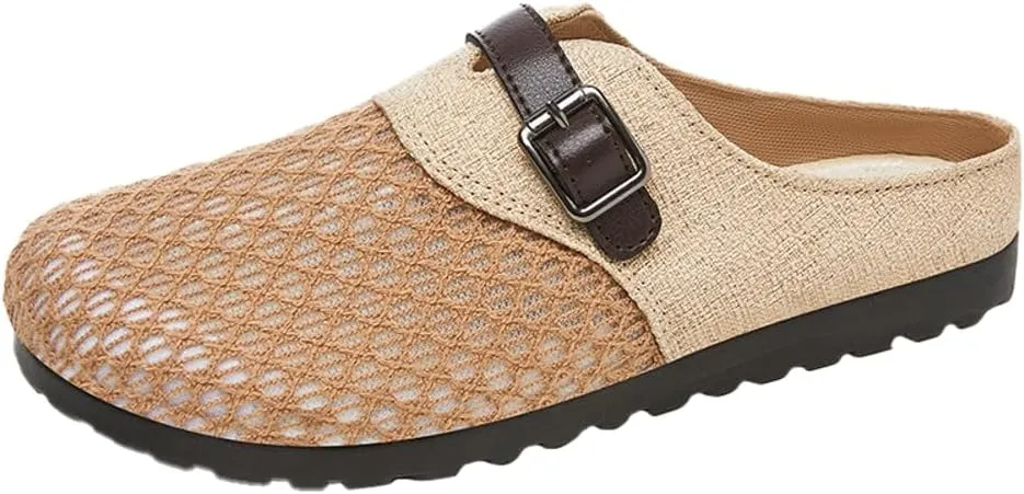 Womens Breathable Mesh Walking Mules 2025 Flat Mules Round Toe Buckle Strap Open Back Slip On Shoes Arch Support