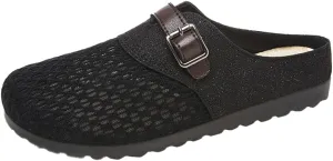 Womens Breathable Mesh Walking Mules 2025 Flat Mules Round Toe Buckle Strap Open Back Slip On Shoes Arch Support