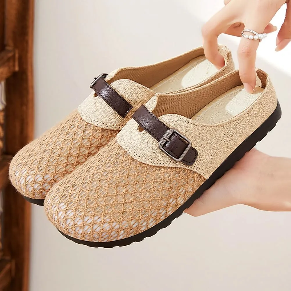 Womens Breathable Mesh Walking Mules 2025 Flat Mules Round Toe Buckle Strap Open Back Slip On Shoes Arch Support