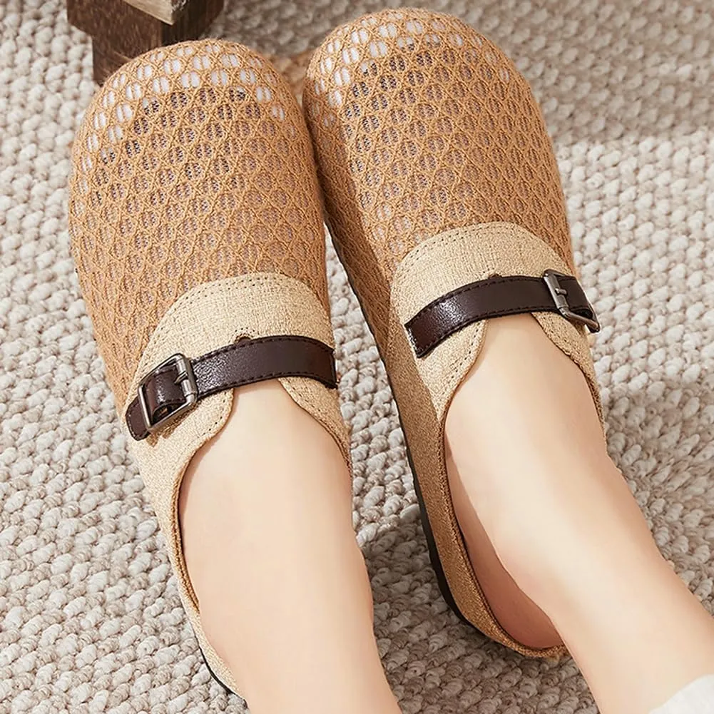 Womens Breathable Mesh Walking Mules 2025 Flat Mules Round Toe Buckle Strap Open Back Slip On Shoes Arch Support