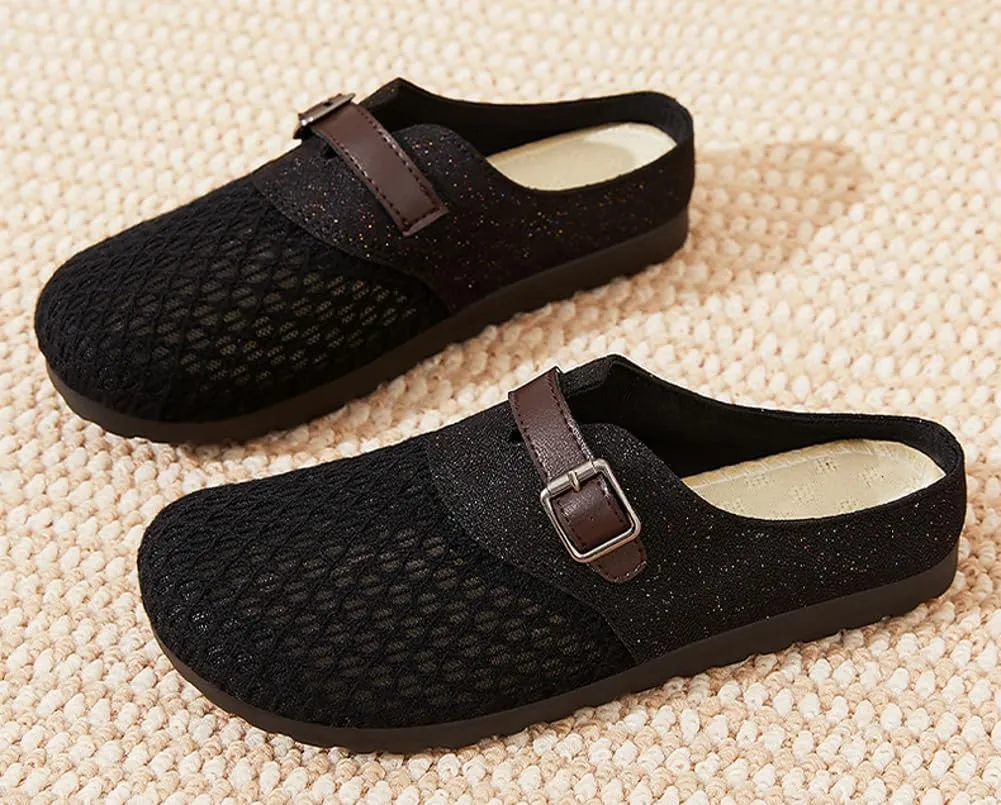 Womens Breathable Mesh Walking Mules 2025 Flat Mules Round Toe Buckle Strap Open Back Slip On Shoes Arch Support