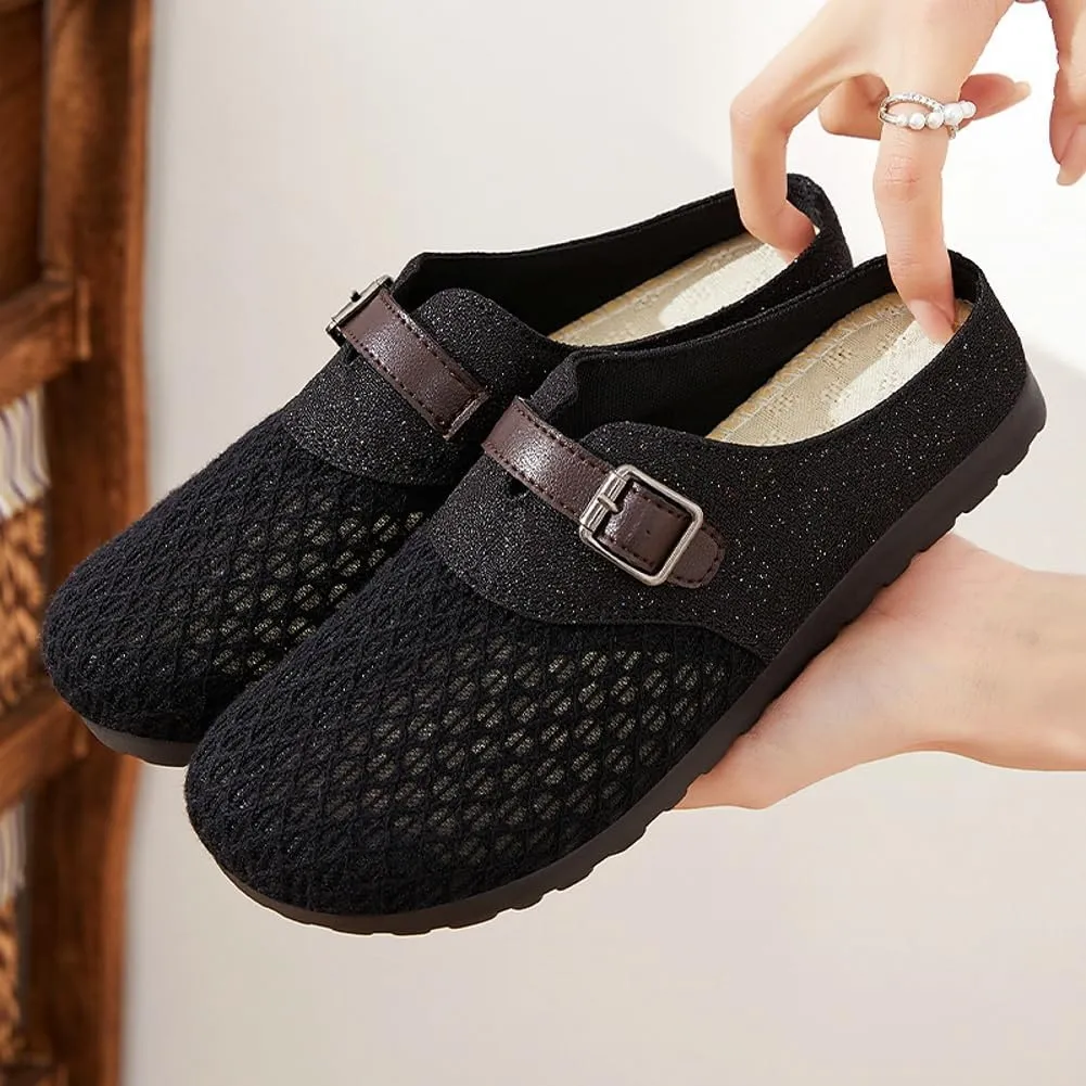 Womens Breathable Mesh Walking Mules 2025 Flat Mules Round Toe Buckle Strap Open Back Slip On Shoes Arch Support