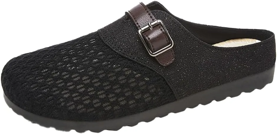 Womens Breathable Mesh Walking Mules 2025 Flat Mules Round Toe Buckle Strap Open Back Slip On Shoes Arch Support