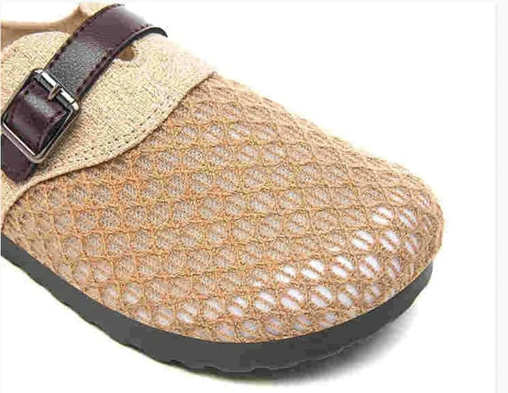 Womens Breathable Mesh Walking Mules 2025 Flat Mules Round Toe Buckle Strap Open Back Slip On Shoes Arch Support