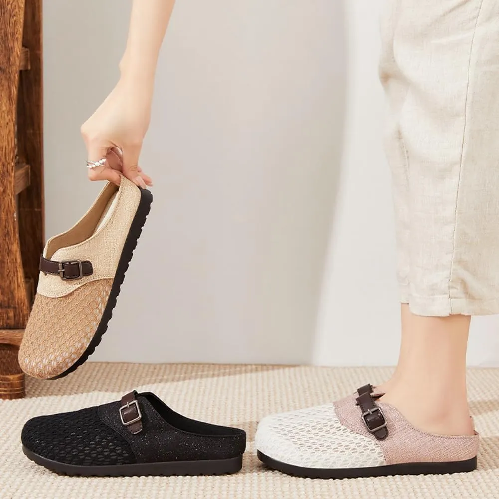 Womens Breathable Mesh Walking Mules 2025 Flat Mules Round Toe Buckle Strap Open Back Slip On Shoes Arch Support