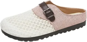 Womens Breathable Mesh Walking Mules 2025 Flat Mules Round Toe Buckle Strap Open Back Slip On Shoes Arch Support