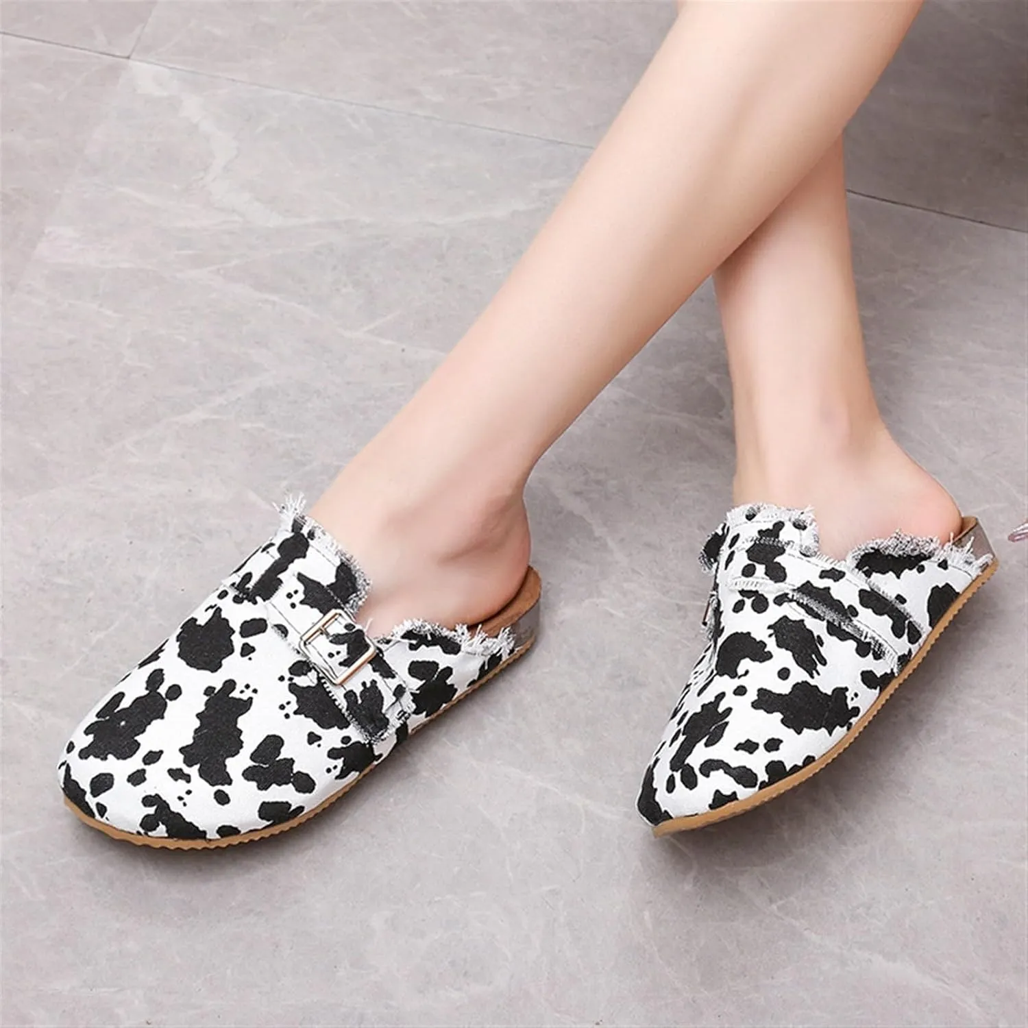 Women??s Flat Mule Shoes Comfy Clogs Suede Slip on Backless Slipper Summer Classic Round Toe Adjustable Buckle with Arch Support Anti Slip Sandals Unisex for Home Office
