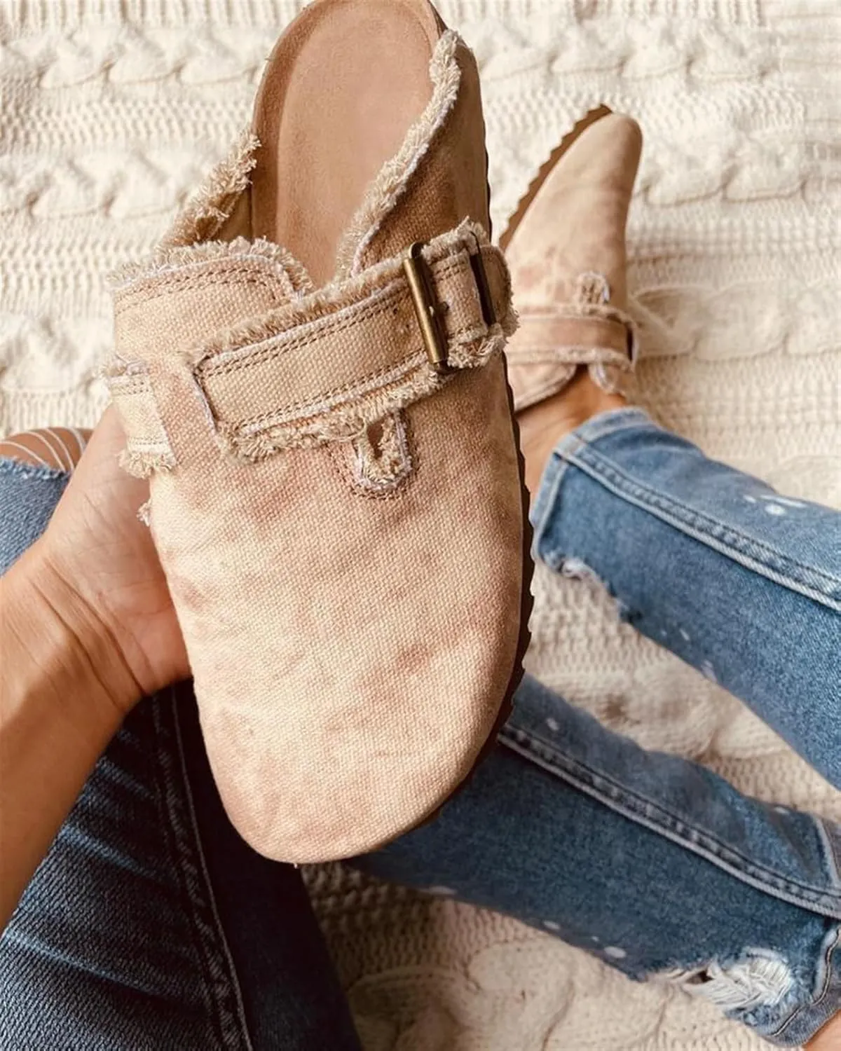 Women??s Flat Mule Shoes Comfy Clogs Suede Slip on Backless Slipper Summer Classic Round Toe Adjustable Buckle with Arch Support Anti Slip Sandals Unisex for Home Office