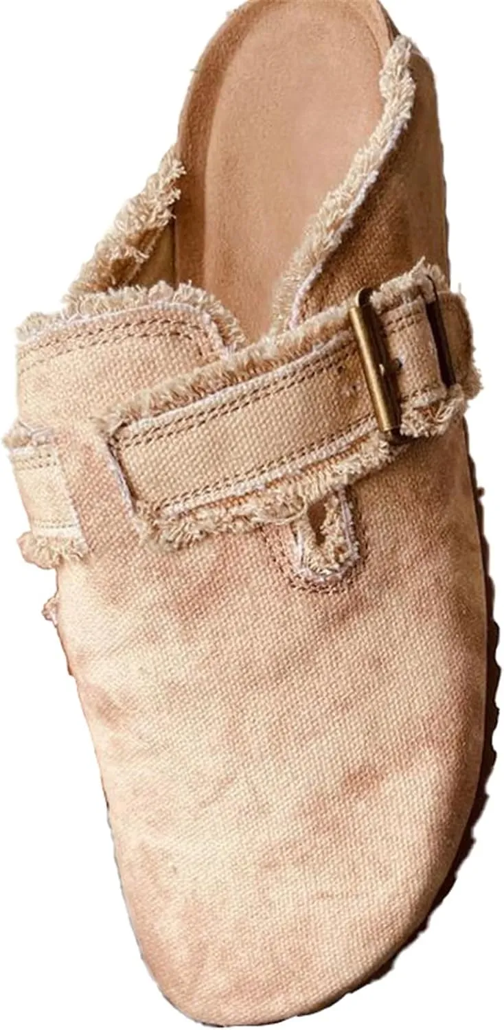Women??s Flat Mule Shoes Comfy Clogs Suede Slip on Backless Slipper Summer Classic Round Toe Adjustable Buckle with Arch Support Anti Slip Sandals Unisex for Home Office