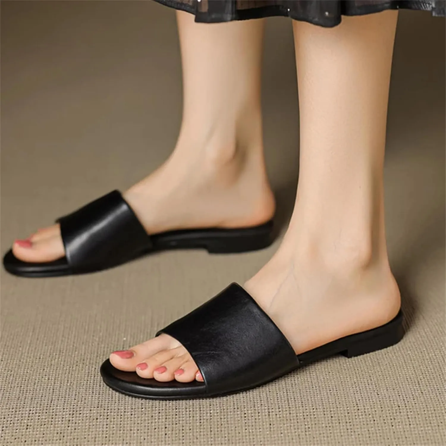 Women's Genuine Leather Flat Sandals - Low Heel (3cm/1.2in) Beach Summer Mules