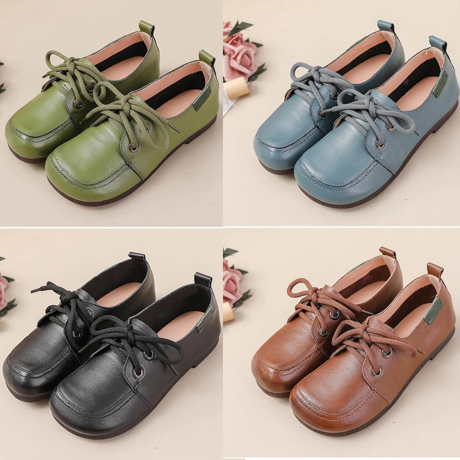 Women's Retro Leather Oxford Shoes with Adjustable Laces?? Comfortable and Soft Square Toe Work Office Non Slip Dress Shoes
