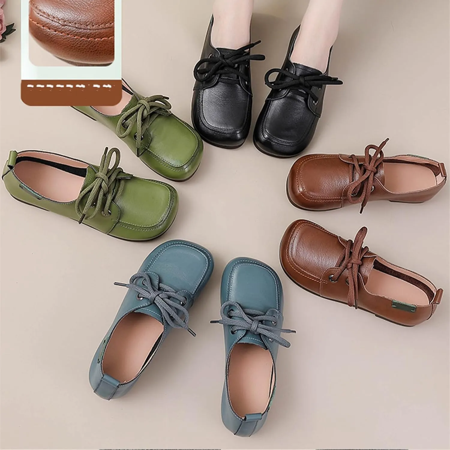 Women's Retro Leather Oxford Shoes with Adjustable Laces?? Comfortable and Soft Square Toe Work Office Non Slip Dress Shoes