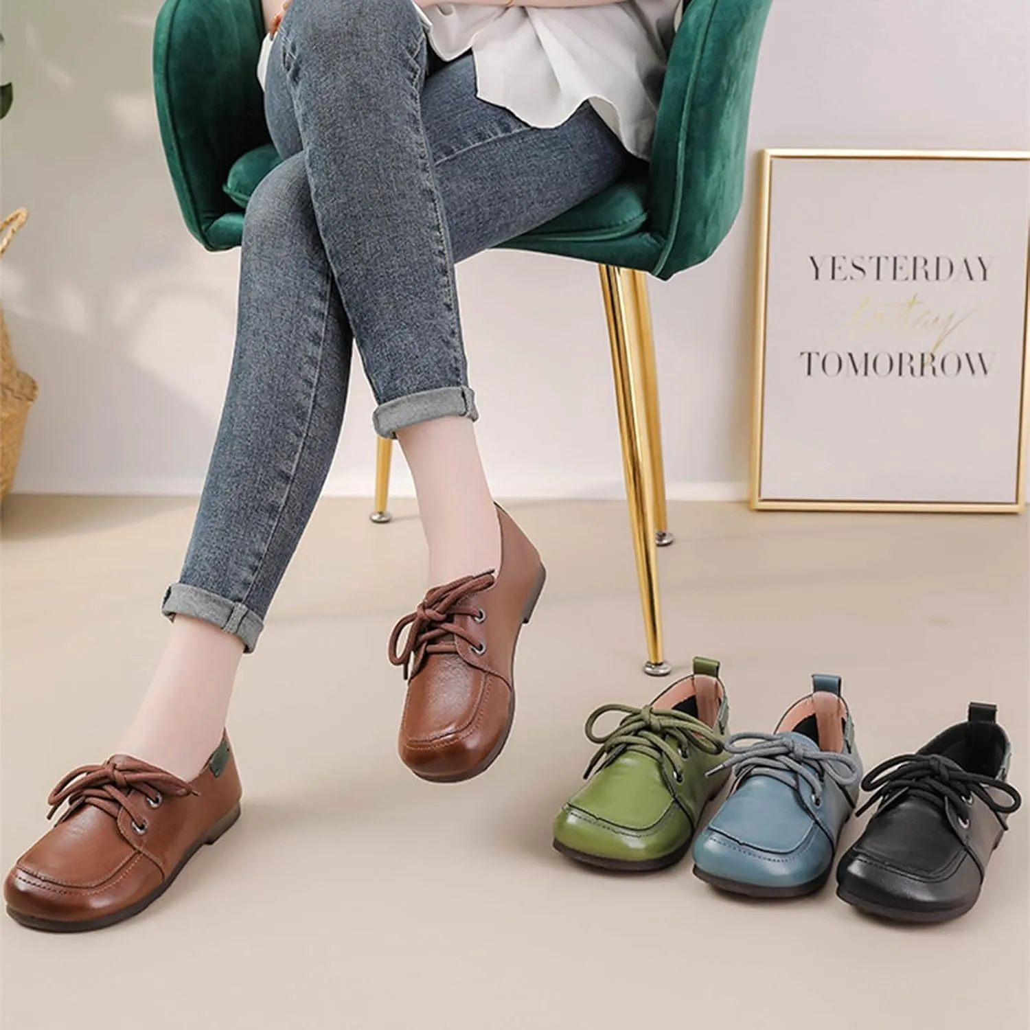 Women's Retro Leather Oxford Shoes with Adjustable Laces?? Comfortable and Soft Square Toe Work Office Non Slip Dress Shoes