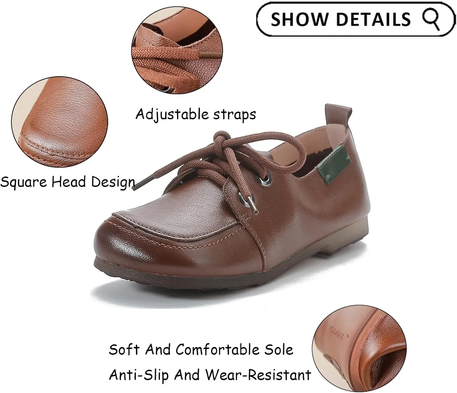 Women's Retro Leather Oxford Shoes with Adjustable Laces?? Comfortable and Soft Square Toe Work Office Non Slip Dress Shoes