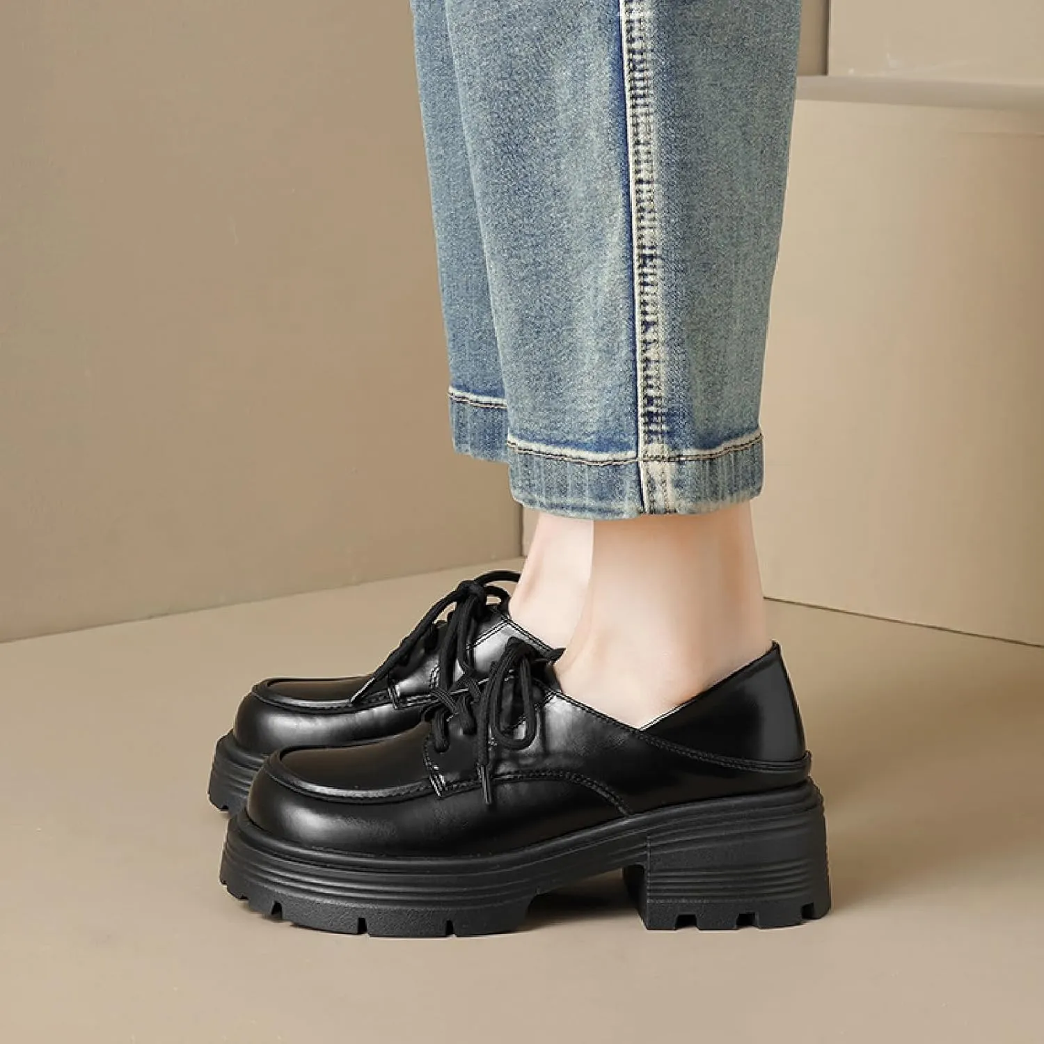 Women's Wide Toe Thick-Soled Oxford Shoes Comfort Chunky Heel Soft Bottom Lace Up Dress Business Shoes Anti-Slip Office Casual Leather Shoes
