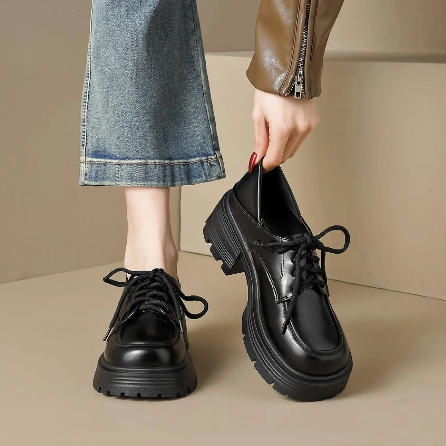 Women's Wide Toe Thick-Soled Oxford Shoes Comfort Chunky Heel Soft Bottom Lace Up Dress Business Shoes Anti-Slip Office Casual Leather Shoes