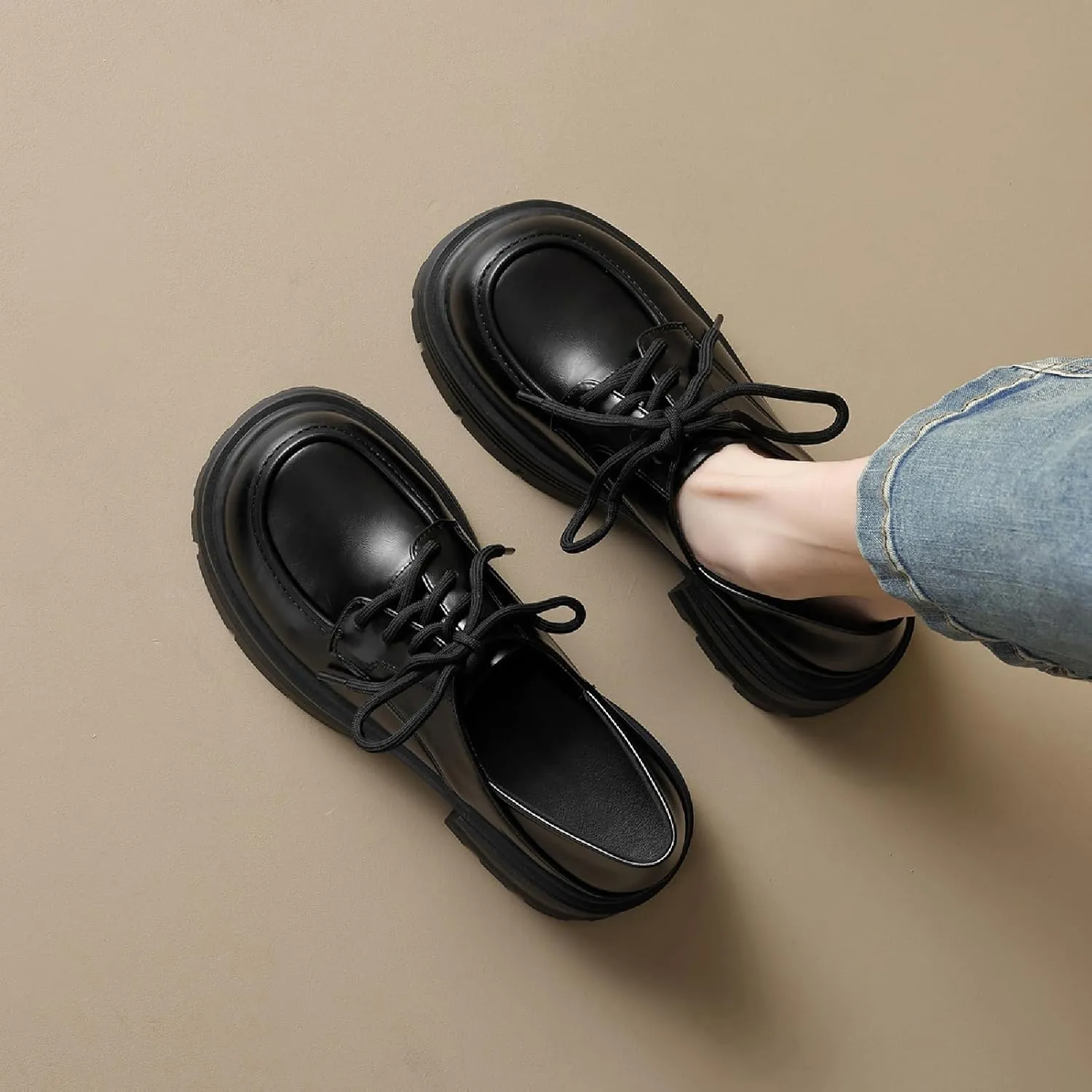 Women's Wide Toe Thick-Soled Oxford Shoes Comfort Chunky Heel Soft Bottom Lace Up Dress Business Shoes Anti-Slip Office Casual Leather Shoes